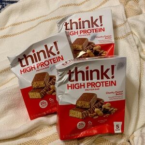 Three 5 pack boxes of Think! High Protein Chunky Peanut Butter Protein Bars